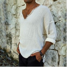 Men's V-neck Linen Long Sleeve Shirt