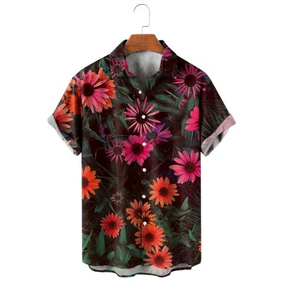 Men's Flower Printed Lapel Short Sleeve Shirt 97422985M