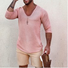 Men's Deep V Neck Breathable Linen Cotton Mid Sleeve T-Shirt