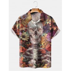 Men's Creative Flower Skull Short Sleeve Polo Shirt