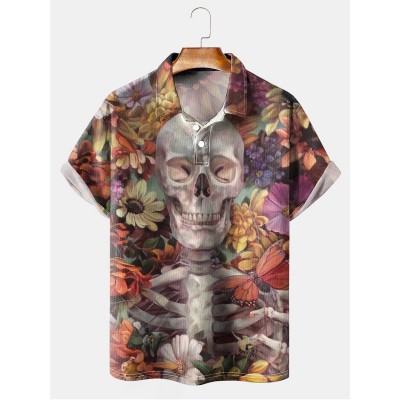 Men's Creative Flower Skull Short Sleeve Polo Shirt