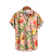 Tropical Fruit Leaf Peach Print Short Sleeve Shirt