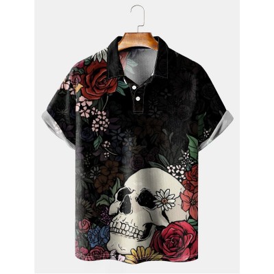 Men's Skull Floral Short Sleeve Polo Shirt