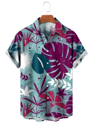 Summer Tropical Palm Leaf Jungle Print Short Sleeve Shirt