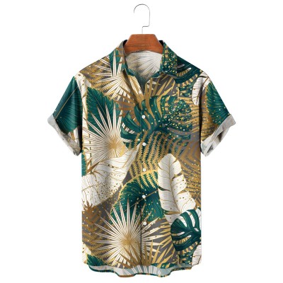 Gold and Green Tropical Leaves Hawaiian Short Sleeve Shirt